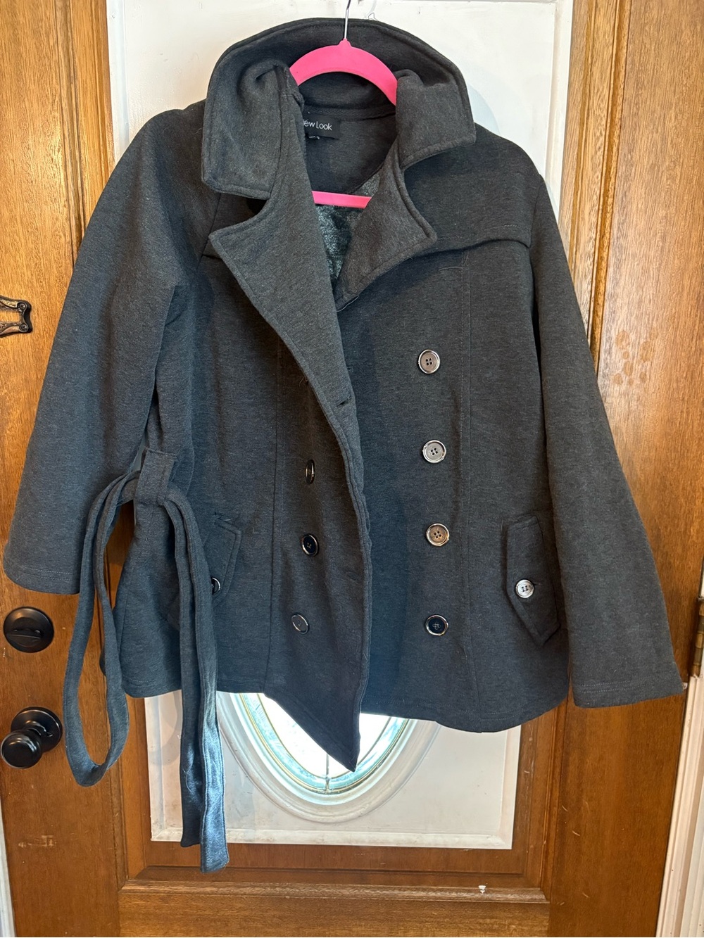 New Look Dark Gray Double-Breasted Pea Coat with Side Tie
